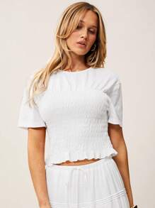 SHEIN Essnce Boho White Tight-Fitting Waisted Short-Sleeved T-Shirt Women's Solid Color Short Sleeve T-Shirt, Minimalist Fashion Casual For Everyday Wear