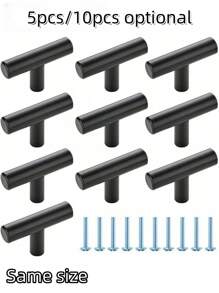 5 件/10 件橱柜把手，黑色橱柜把手，铝合金厨房橱柜把手，梳妆台抽屉单孔抽屉把手 - 黑色 - 查看 1