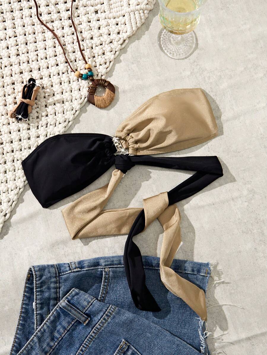 SHEIN Swim 新款系带拼色露背比基尼上衣,性感时尚,适合春假夏季海滩/游泳度假 - 卡其色 - 查看 1