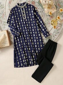 2pcs Tween Boys Traditional Arabic Ramadan Ramadan Robe Shirt & Long Pants Set - Black - View 1