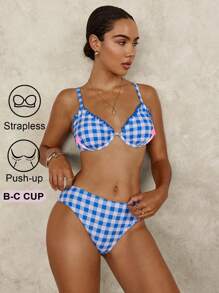 SHEIN Swim Push-Up Gingham Texture Bikini Set, Sweet Style Swimwear, For Summer Beach Vacation