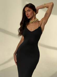 Aloruh Sexy Spaghetti Strap Backless Bodycon Dress For Women - Black - View 7