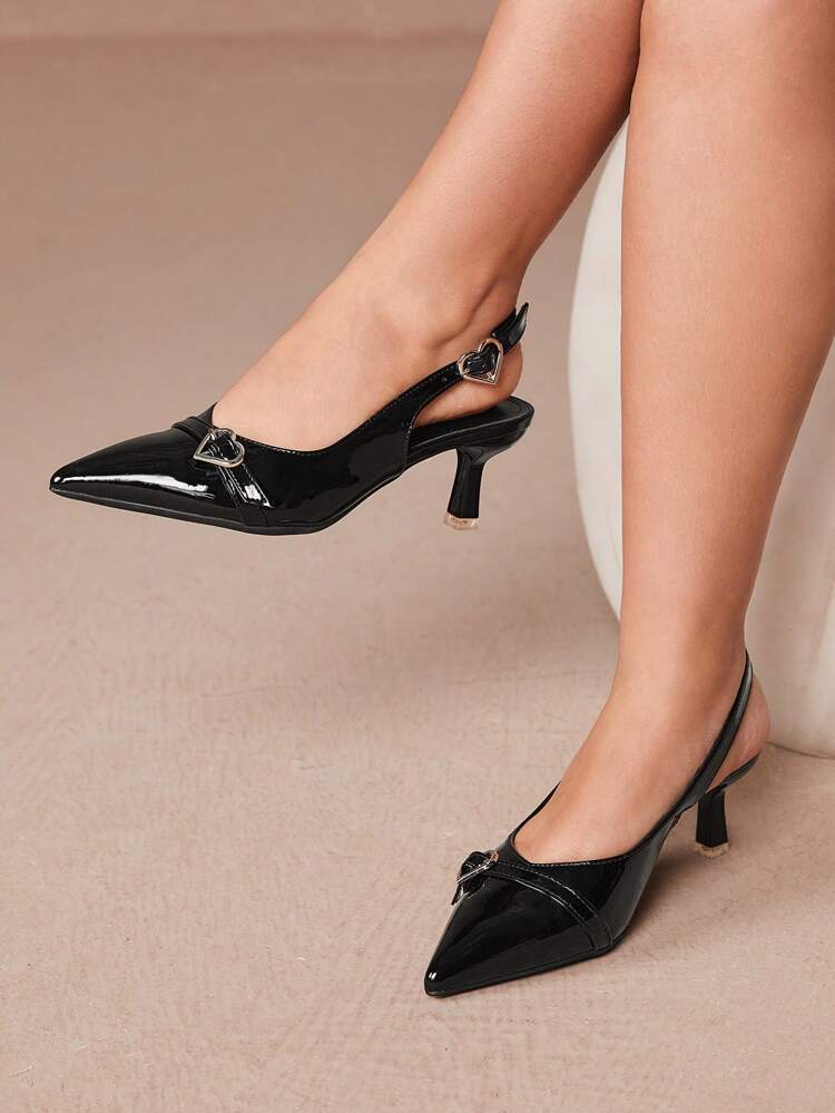 CUCCOO CURVES Wide Width High Heel Pointy Toe Elegant Black Satin Slingback Sandals, Suitable For All Seasons Spring Shoes Spring Break Easter