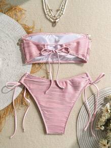 Swim Mod 夏季女士两件套纹理纯色贝壳吊带装饰挂脖系带比基尼套装，手工贝壳数量随机 - 粉色 - 查看 2