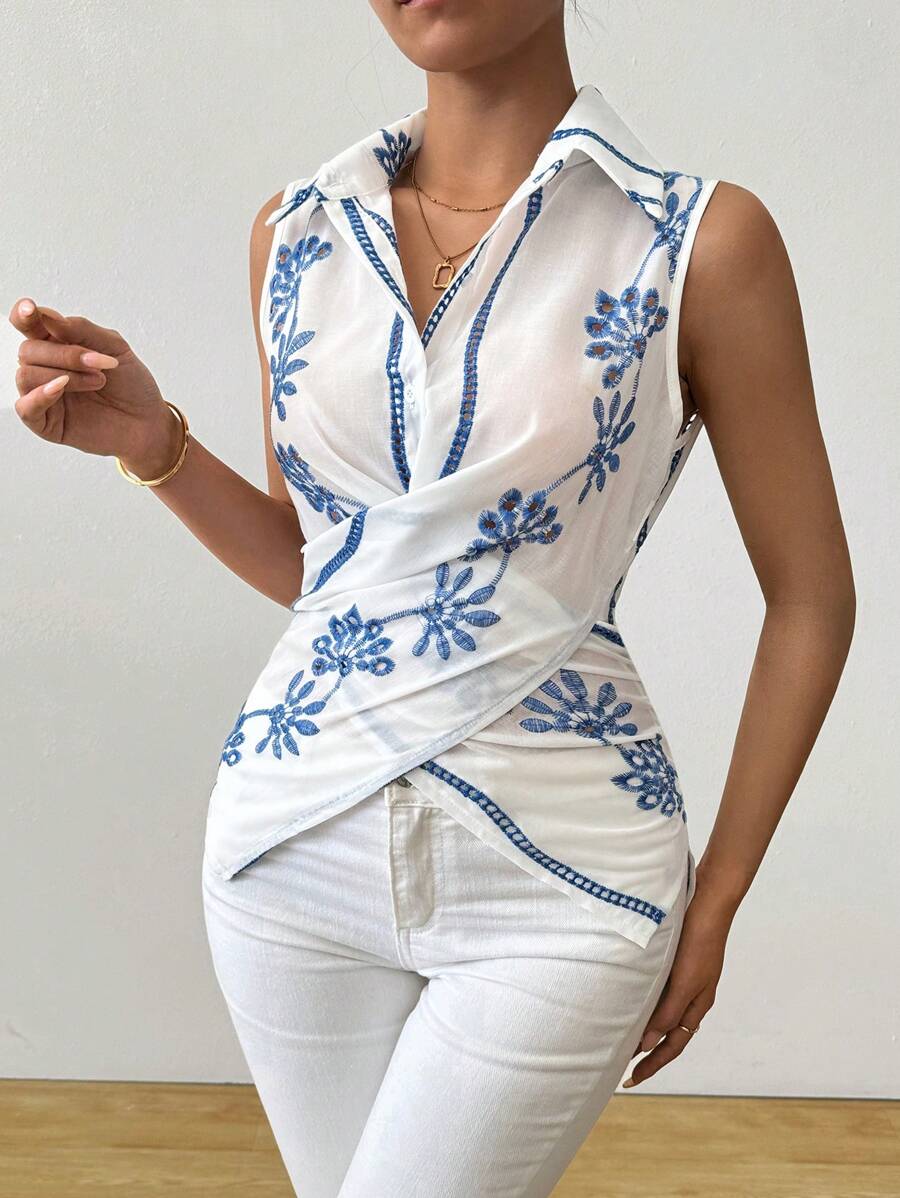 Breezaya 女士时尚刺绣前扣无袖休闲衬衫 - 白色 - 查看 1