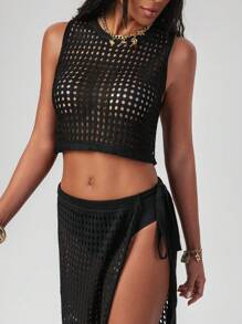 Swim EVENT 女式优雅无袖黑色针织背心和系带前开衩裙两件套海滩度假套装