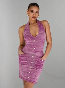 Glamine Vestido de punto a cuadros con corbata de cuello para mujer