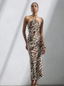 Frievida 女士优雅纹理斑马纹拼色束腰连衣裙（配围巾） - 彩色 - 查看 3