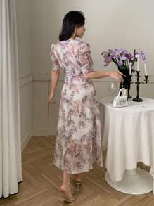 DAZY 女士 V 领短袖花卉印花休闲优雅连衣裙 - 淡紫色 - 查看 5