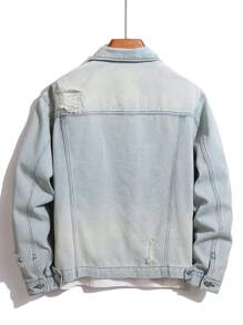 Manfinity Homme 男式长袖拉链破洞牛仔夹克 - 淺色水洗藍 - 查看 2