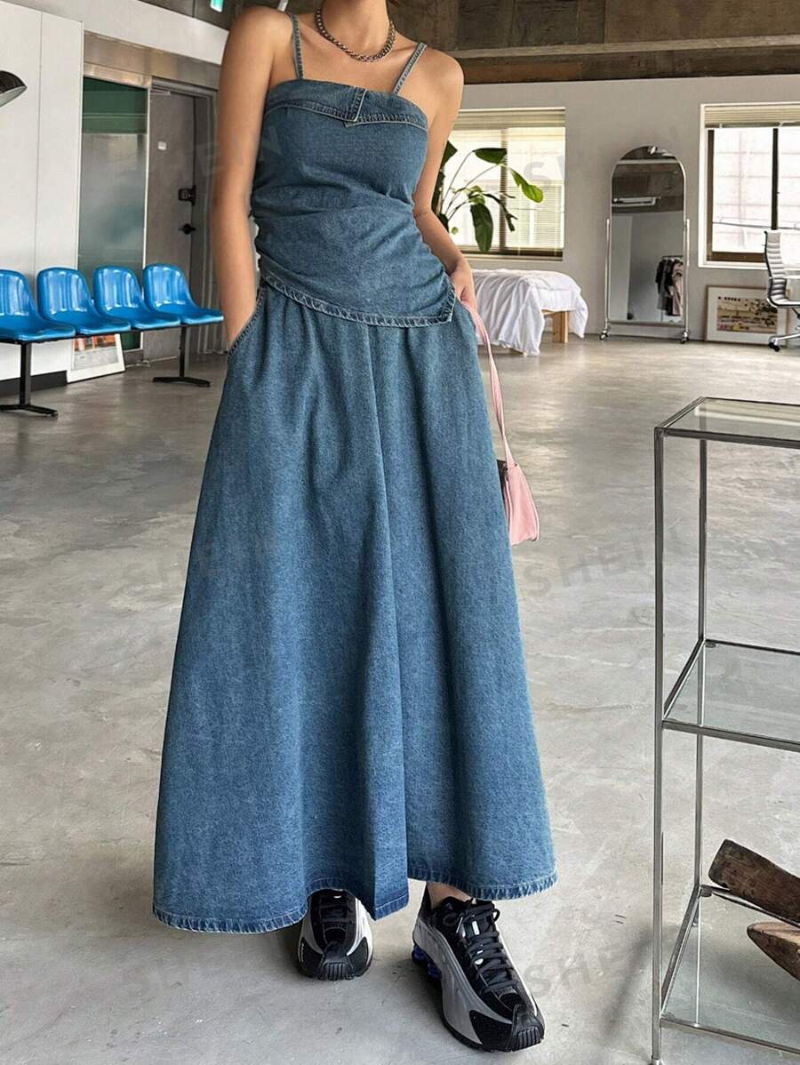 DAZY Conjunto de 2 piezas de top de tirantes y falda de mezclilla para mujer