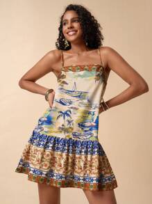 Travachic 女士度假风荷叶边下摆细肩带热带印花连衣裙