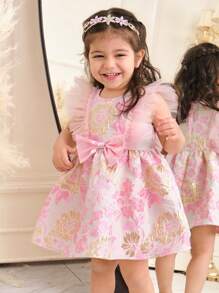 SHEIN Leap Crew Baby Girl Elegant Chiffon Dress With Jacquard Weave, Flutter Sleeves, Bow Decor, Ruched Swing Hem, Formal Dress, Pink - Pink - View 3