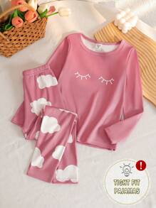 2pcs/Set Young Girl' Cloud Print Snug Fit Long Sleeve Top And Pants Homewear Set, Lotus Pink