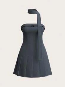 SHEIN ICON Office Women Outfits Women's Butterfly Decor Ruched Tube Dress With Chiffon Ties Spring Outfits For Women Summer Concert Outfit Women Easter Women St Patrick Day Outfit - Grey - View 5