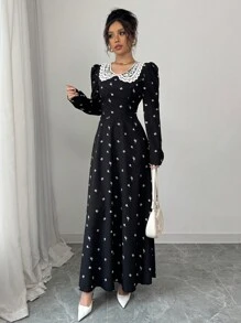 Modelyn 女士黑色印花编织拼布领长袖 A 字形系带优雅乡村风格连衣裙 - 黑色 - 查看 3