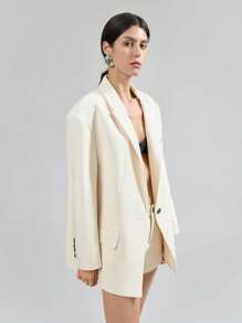 Ontre 杏色短裤套装，超大设计长袖套装，复古风格工作服办公室套装，宽肩带女式西装外套，红色长袖翻领 - 杏色 - 查看 1