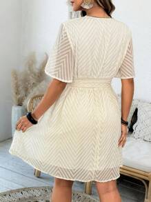 Flirla Plus Size Women Fashionable Elegant Vacation Style V-Neck Short Sleeve Spring/Summer Short Tie Front Mini Dress - Multicolor - View 2