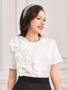 SHEIN Leap Crew Teen Girls' Spring & Summer White Knit Patchwork Loose Elegant Floral Decor Casual T-Shirt, Suitable For Resort Wear - White - View 1