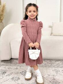 SHEIN Cô Gái Trẻ Retro Đứng cổ áo Ống tay áo Sọc Tay áo dài Đầm - Hồng - Xem 9