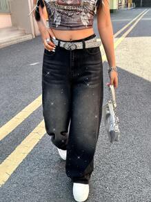 SHEIN Teens/Teen Girl Sparkly Rhinestone Embellished Loose Wide-Leg Blue Denim Pants