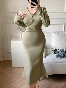 DAZY Vestido midi asimétrico drapeado liso para mujeres
