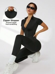 Dewbera Women's Solid Zip-Front Short Sleeve Jumpsuit