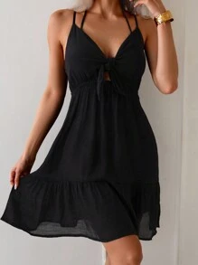Swim Lushoire Summer Clothes Women Solid Color Sleeveless Simple Casual Short Elegant Babydoll Dress, Summer Beach Vacation - Black - View 4