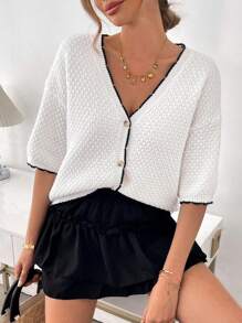 SHEIN LUNE New Fashion Elegant Lady Knit Cardigan, Hollow Out Lightweight Black & White Patchwork Old Money Style Women