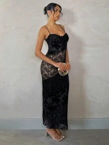 SHEIN BAE Vestido largo de mujer con ajuste delgado, con tirantes de espagueti, color liso con parches, minimalista