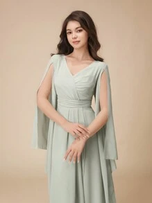 Vestido Curto e Longo Assimétrico Verde Menta Elegante para Meninas Adolescentes, Decote em V, Manga Morcego com Babados, Fenda, Faixa na Cintura, Vestido de Festa de Fada Apropriado para Aniversário de Adolescentes, Baile de Máscaras, Festa, Celebração de Feriados, Vestidos de Natal, Halloween, Ação de Graças, Vestido de Baile, Vestido Formal, Vestido de Concurso de Meninas, Vestido de Formatura, Vestido de Dama de Honra, Vestido de Gala, Vestido de Praia