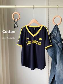 Comfortcana Navy Knitted Women's Letter Printed T-Shirt - Navy Blue - View 7