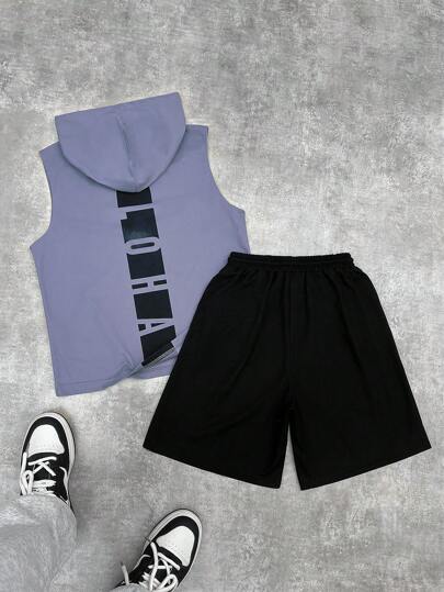 SHEIN Explorewe 2pcs/Set Teen Boys Sports Outfit, Grey Tee & Black Shorts, Casual Fashionable