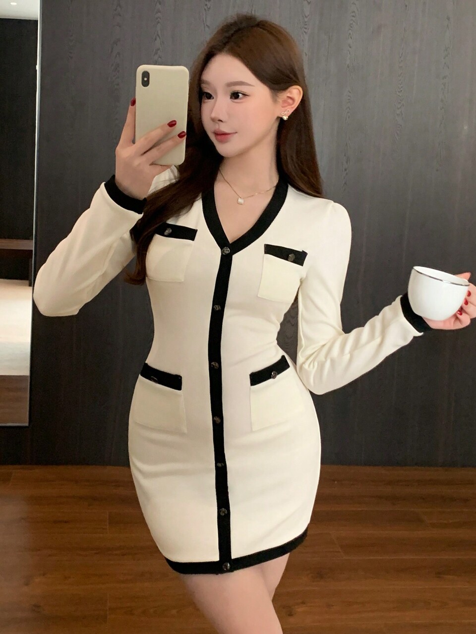 Short Color Block Button Front Long Sleeve Pockets Bodycon Dress For Women,Mini Dress,Fall Clothes