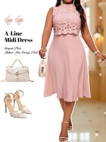 Fleurora Plus Size Laser Cut Ombre Pink Elegant A-Line Mid-Length Dress With Illusion Design - Pink - View 1
