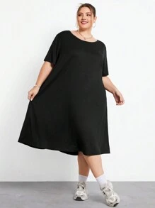 SHEIN CURVE+ Loose Fit Super Plus Size Comfortable Stretchy Long Short Sleeve Black Casual Dress, Basic Versatile Summer