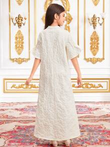 SHEIN Tween Girls' Vacation Elegant Party Jacquard V-Neck Short Sleeve Long Dress - Apricot - View 3