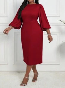 Fleurora Plus Size Solid Color Round Neck Elegant Long Sleeve Dress - Red - View 3