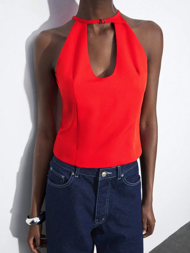 SHEIN Maija Women's Red Cutout Adjustable Neck Design Versatile Summer Stylish Fashion Sense Soft Comfortable Slim Fitted Sleeveless Halter Top With U-Shaped Neckline And Waist Gathering Old Money Concert Women Wedding Guest Women Modest