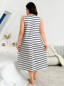 Striped Print Casual Long Night Dress