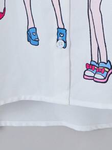 Blusa de botones con mangas abullonadas, cuello y estampado de niña de estilo Y2K casual para niñas preadolescentes - Blanco - Ver 4