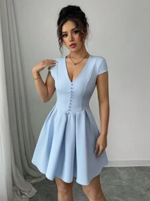 Elenzga Women's Light Blue V-Neck Cinched Waist Button Decor Mini Dress - Blue - View 4