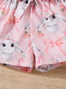 SHEIN Conjunto de top de manga corta de cuello redondo de punto y pantalones cortos con estampado floral menudo para niña joven en Pascua