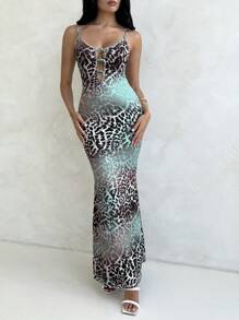 Aloruh 女士春夏季假期珍珠镂空针织豹纹渐变色紧身超长开衩吊带裙