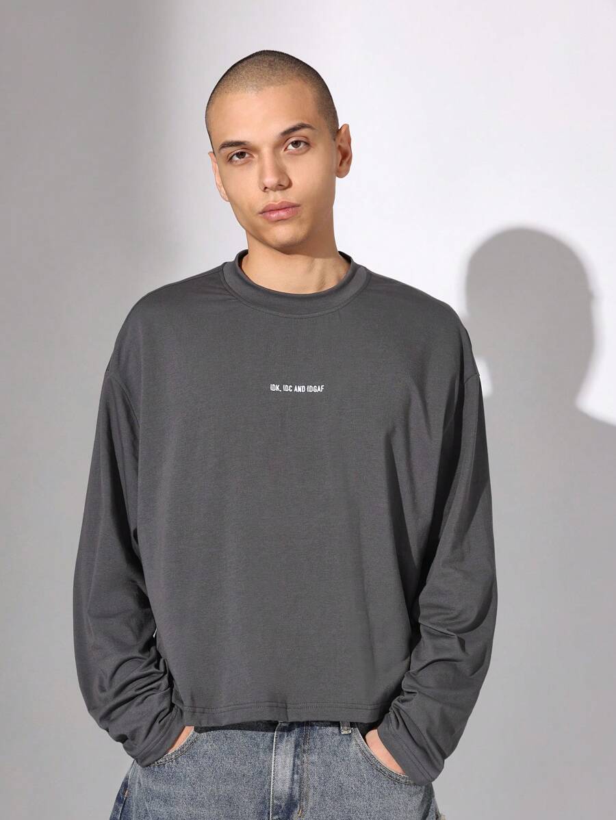 SUMWON Camiseta de manga larga oversize con estampado de texto básico, ropa urbana de calle, casual, de mezcla de algodón, cómoda para usar a diario en otoño e invierno - Gris - Ver 1