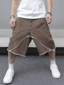 Manfinity EMRG 男式宽松口袋磨边休闲牛仔短裤 - 棕色 - 查看 1