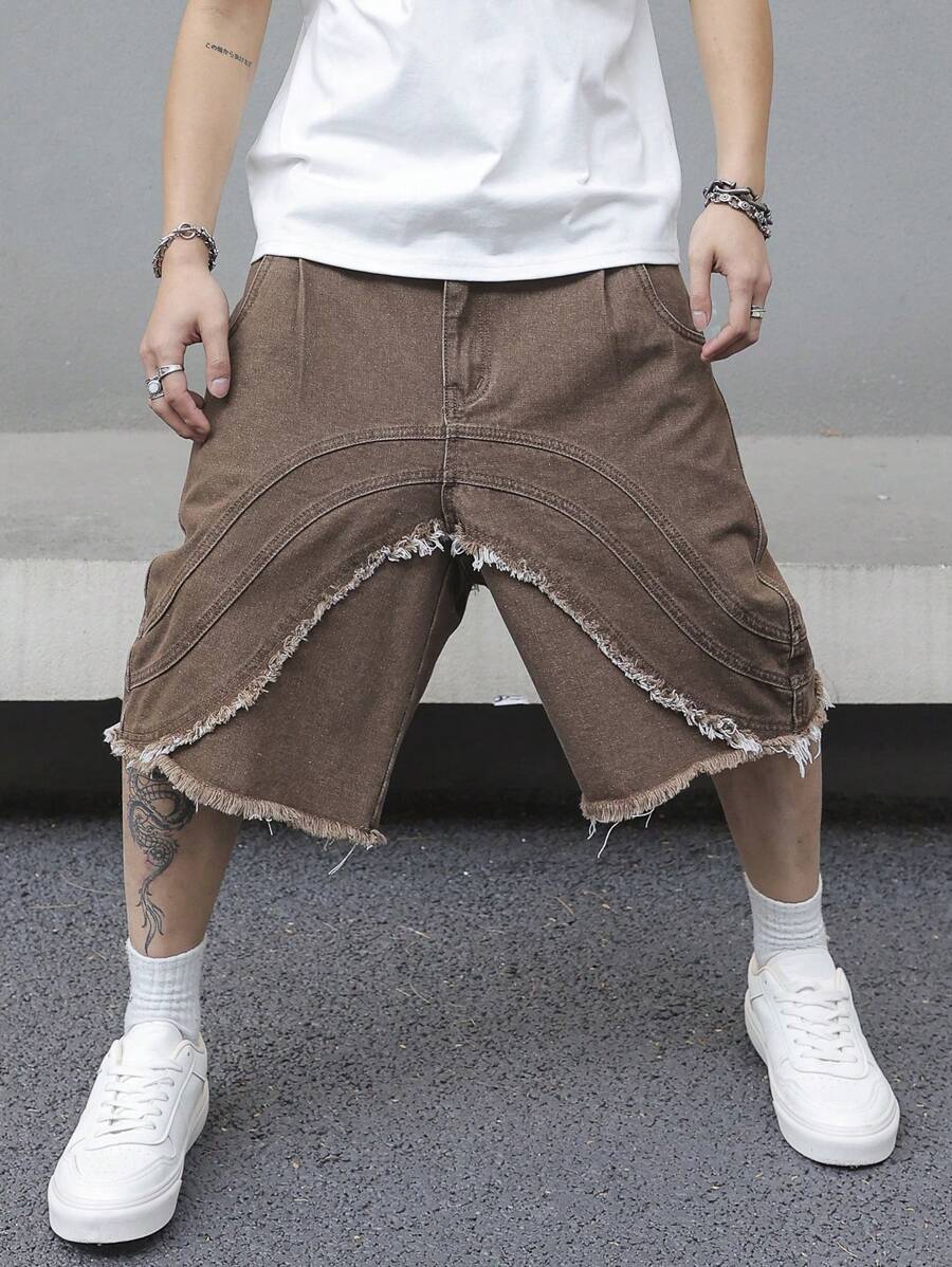 Manfinity EMRG 男式宽松口袋磨边休闲牛仔短裤 - 棕色 - 查看 1