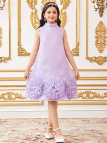 SHEIN Leap Crew Tween Girls Stand Collar Beaded 3D Floral Mesh Sleeveless A-Line Dress, Purple - Purple - View 4
