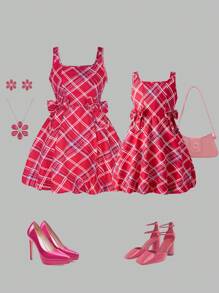 SHEIN 女童时尚格子印花方领无袖 A 字裙，休闲母女装（2 件单独出售）适合情人节