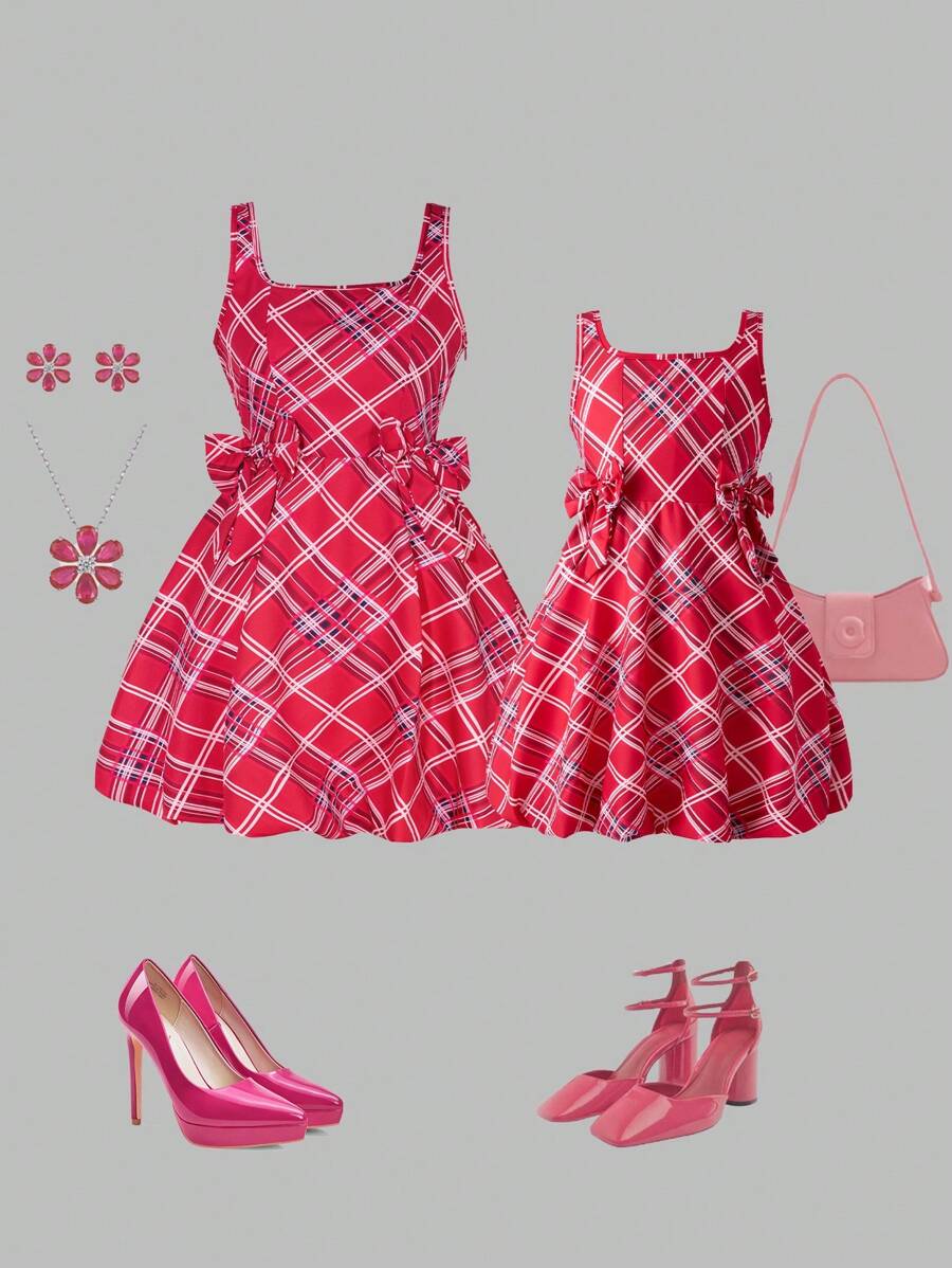 SHEIN 女童时尚格子印花方领无袖 A 字裙，休闲母女装（2 件单独出售）适合情人节